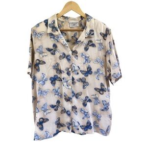 Vintage Alfred Dunner Butterfly Print Button Up Blouse Petite 18WP Made in USA